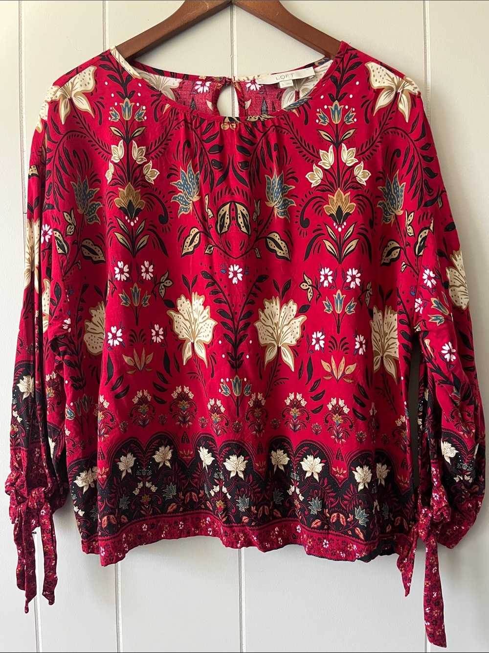 LOFT Red Floral Tie-Sleeve Blouse